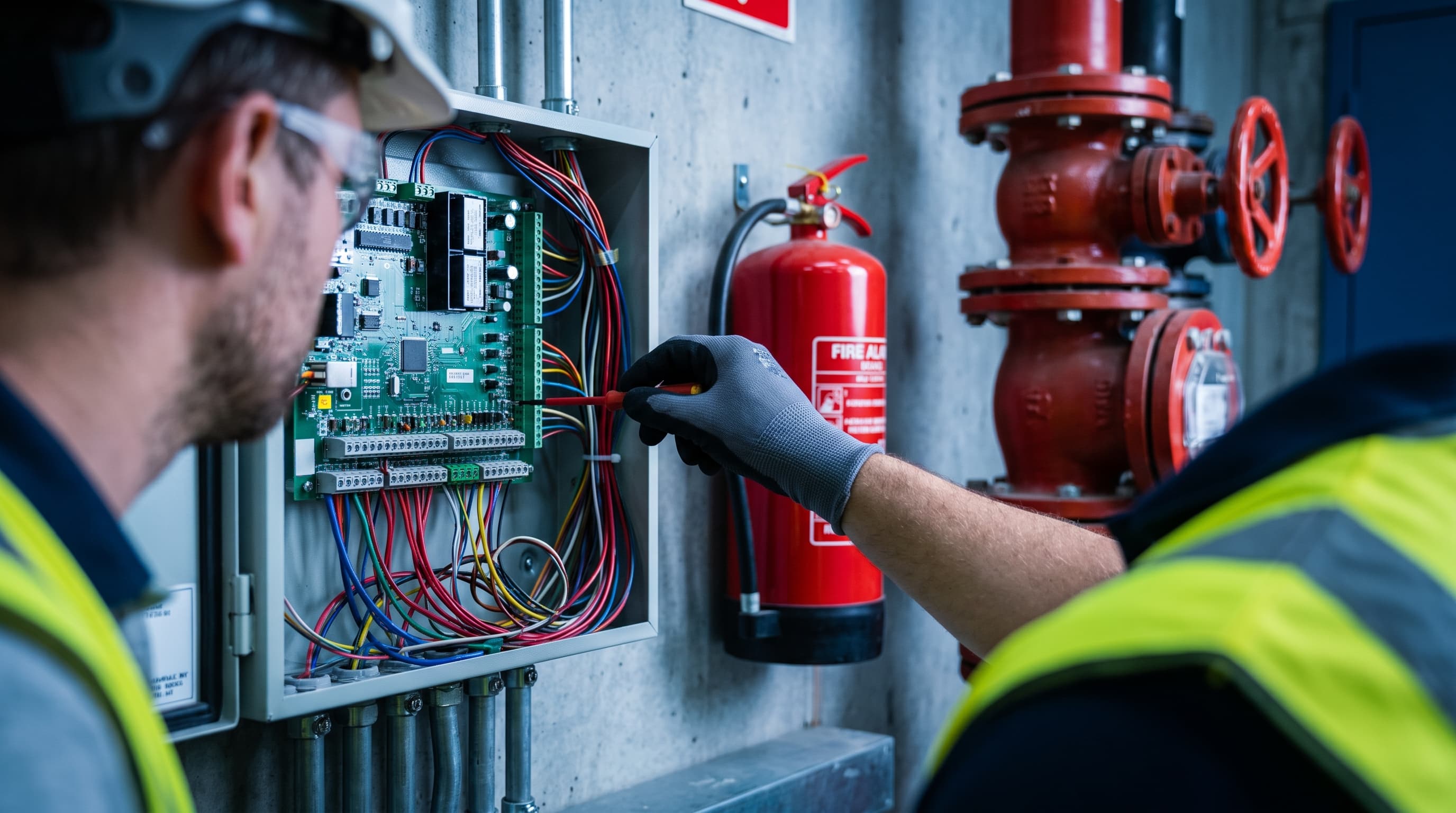 Technician servicing a fire alarm control panel