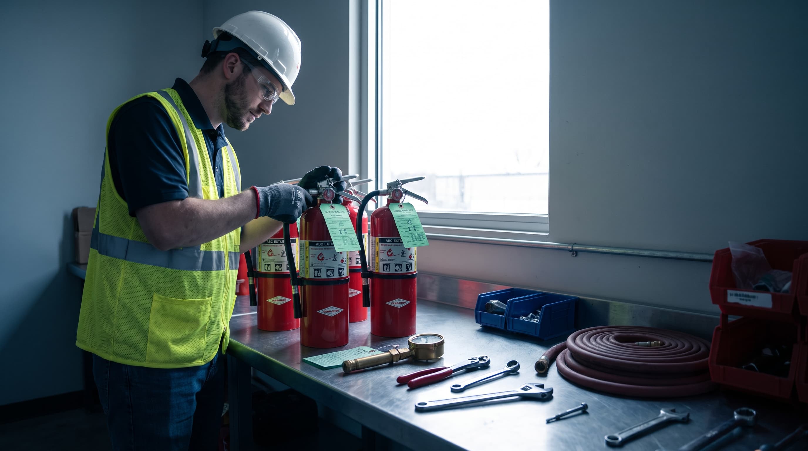 Technician inspecting portable fire extinguishers